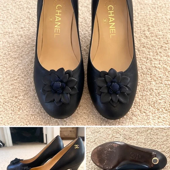 CHANEL Navy Leather Camellia Flower Heels – Gold CC Logo – Made in Italy - Picture 3 of 6
